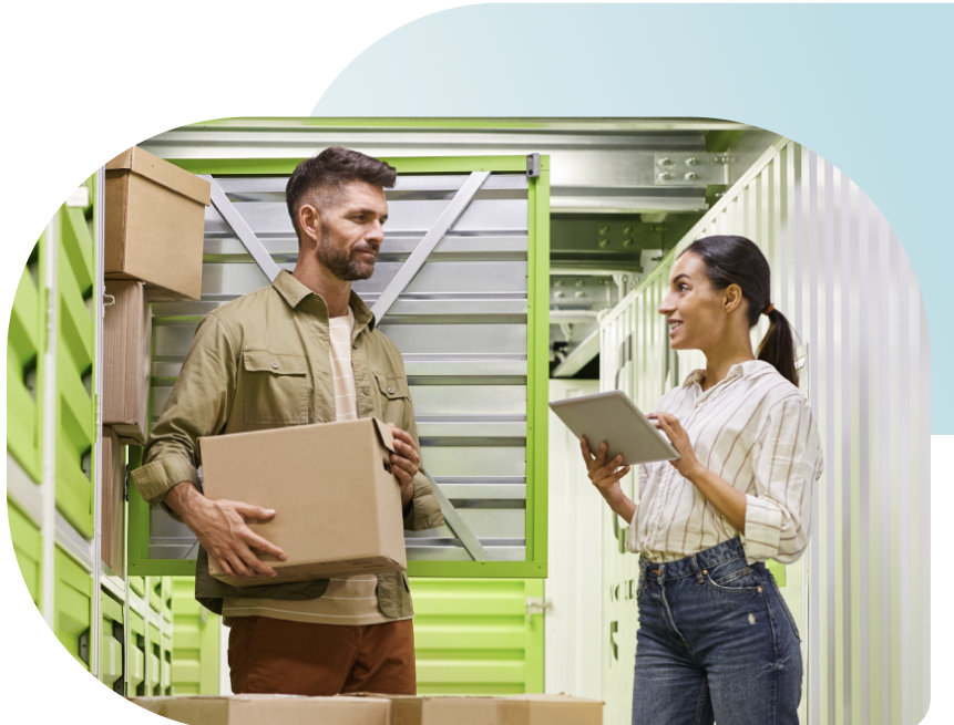 A customer answers a survey while packing their self storage unit